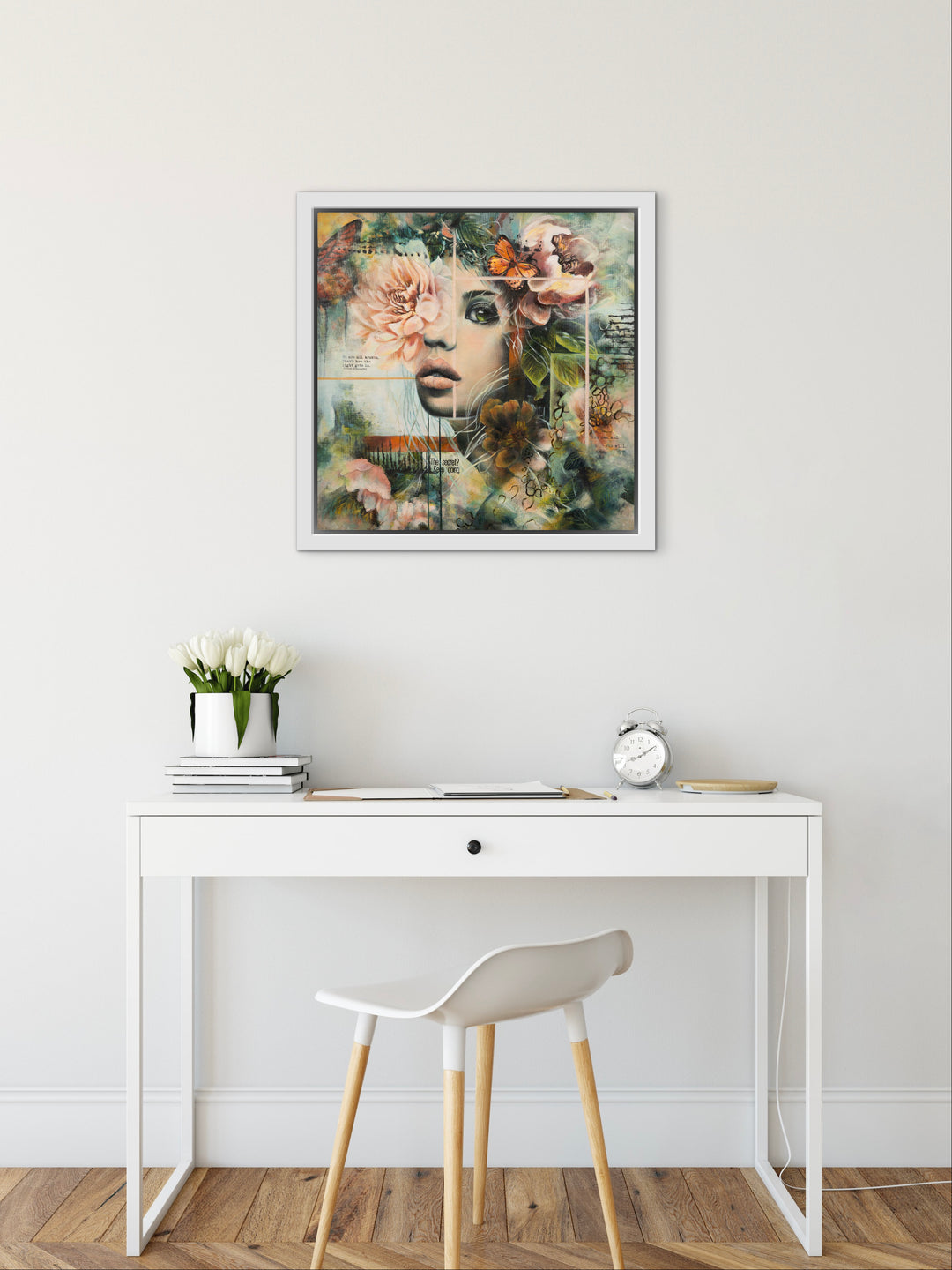Expressive portrait wall art 'Silent Strength' by Tash Bardot displayed in a modern living space. A calming, unpolished mixed media piece offering visual relief and celebrating resilience.