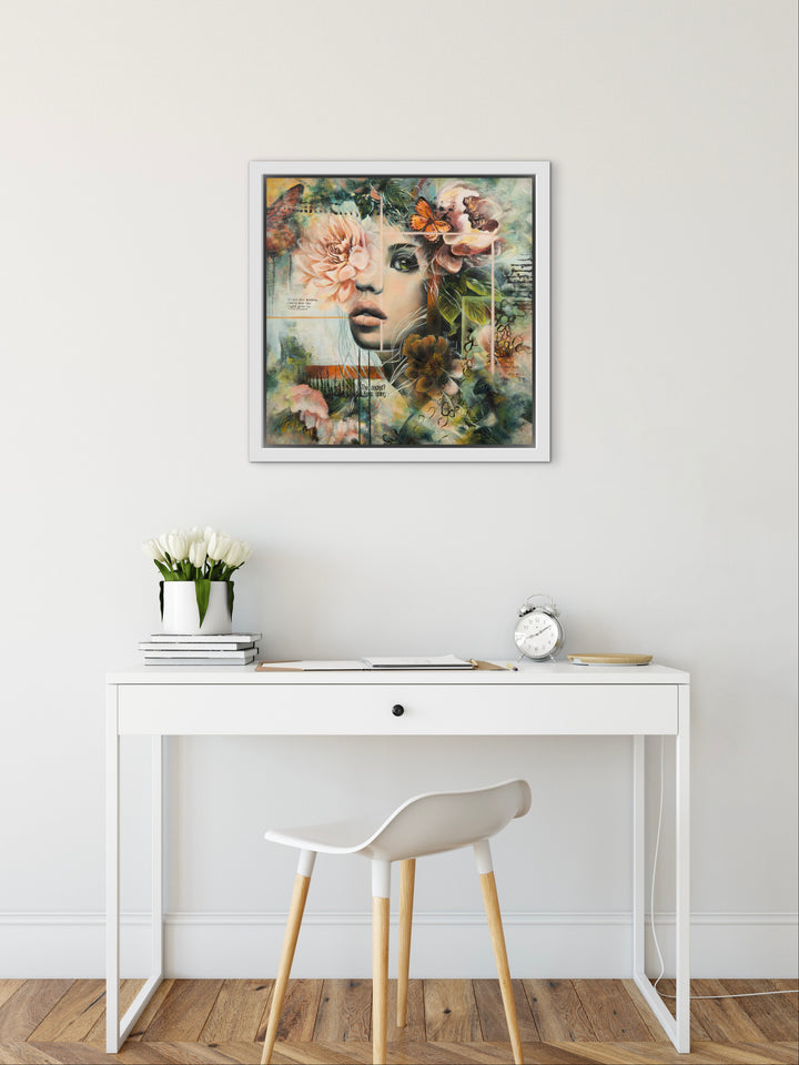 Expressive portrait wall art 'Silent Strength' by Tash Bardot displayed in a modern living space. A calming, unpolished mixed media piece offering visual relief and celebrating resilience.
