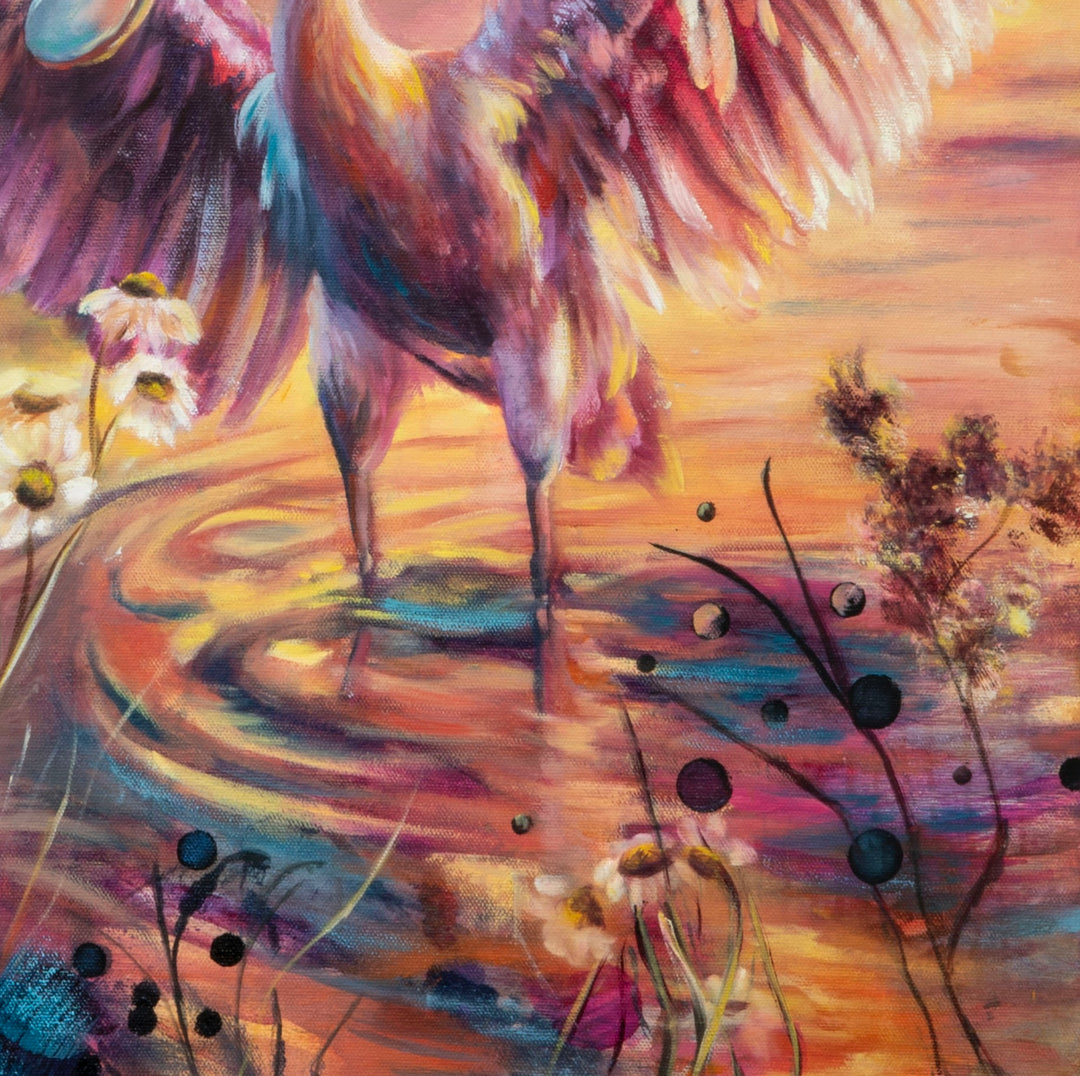 Detail shot of 'Soaking in Today' by Tash Bardot, revealing the vibrant, energetic brushstrokes of a tropical bird's feathers against chaotic, unedited dark abstract marks.