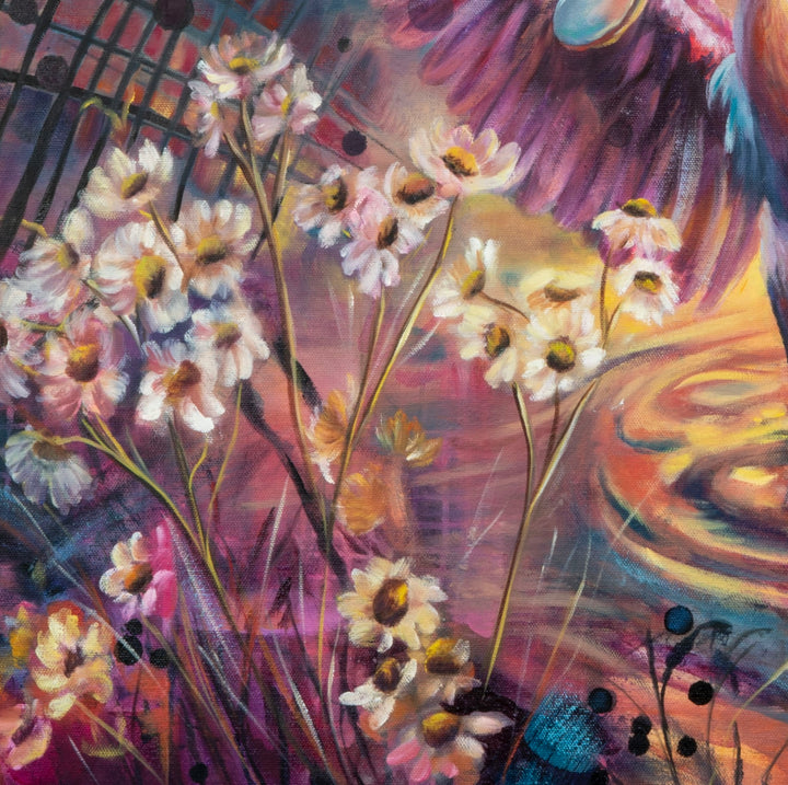 Detail shot of 'Soaking in Today' by Tash Bardot, revealing the vibrant, energetic brushstrokes of a tropical bird's feathers against chaotic, unedited dark abstract marks.