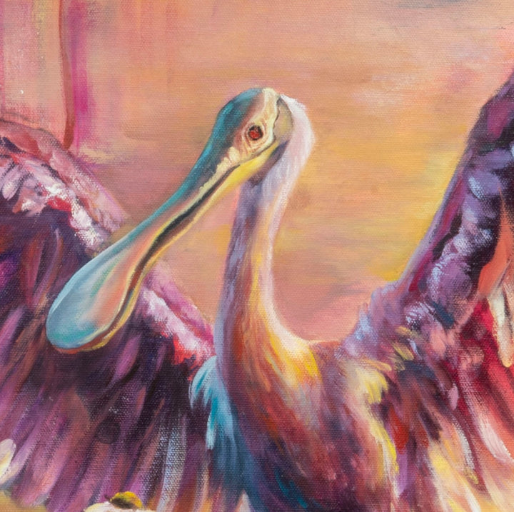 Close-up detail of 'Soaking in Today' by Tash Bardot, focusing on the tropical bird's distinctive beak and the vibrant, energetic brushstrokes of its pink feathers.
