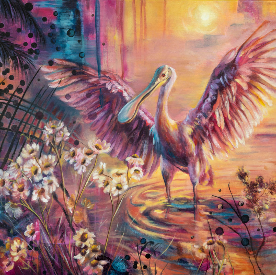Tash Bardot's 'Soaking in Today' painting. A vibrant, expressive piece featuring a pink tropical bird with open wings, standing in shallow water amidst abstract flowers and golden sunlight.