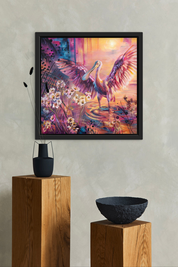 Vibrant 'Soaking in Today' bird painting by Tash Bardot featured in a bright interior. A colourful, expressive artwork that brings warmth, energy, and mindfulness to contemporary home decor.