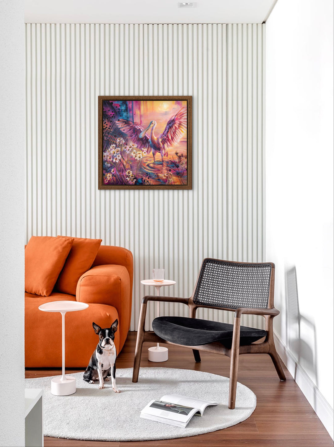 Vibrant 'Soaking in Today' bird painting by Tash Bardot featured in a bright interior. A colourful, expressive artwork that brings warmth, energy, and mindfulness to contemporary home decor.