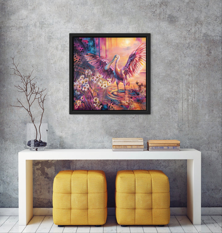 Vibrant 'Soaking in Today' bird painting by Tash Bardot featured in a bright interior. A colourful, expressive artwork that brings warmth, energy, and mindfulness to contemporary home decor.