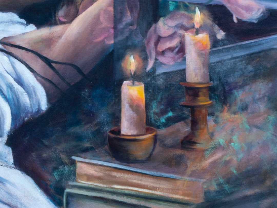 Detail shot of Tash Bardot's 'Sonata in Roses,' focusing on the flickering candles and books that ground the piece, creating a quiet visual sanctuary for a woman lost in an unedited bed of abstract flowers.