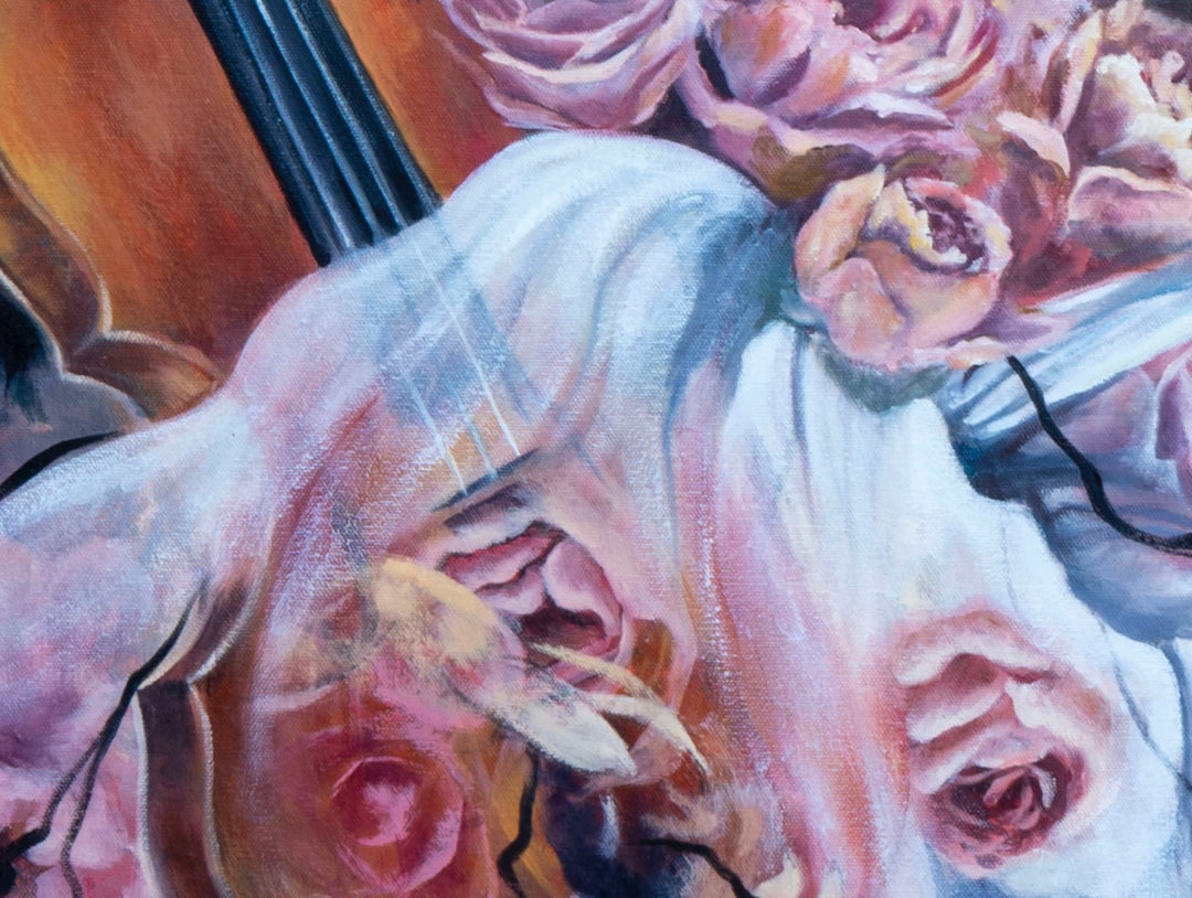 Close-up shot of 'Sonata in Roses' by Tash Bardot, focusing on the beautiful contrast between the structured lines of a string instrument and the raw, unpolished marks of abstract pink roses.