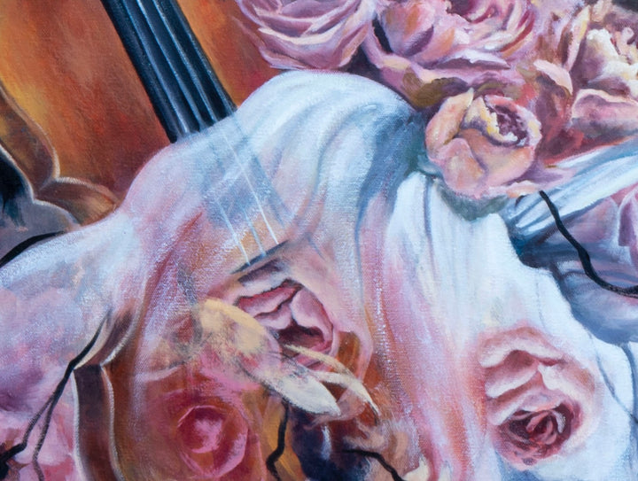 Close-up shot of 'Sonata in Roses' by Tash Bardot, focusing on the beautiful contrast between the structured lines of a string instrument and the raw, unpolished marks of abstract pink roses.