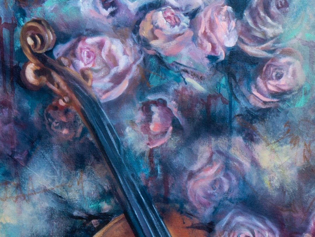Close-up shot of 'Sonata in Roses' by Tash Bardot, focusing on the beautiful contrast between the structured lines of a string instrument and the raw, unpolished marks of abstract pink roses.