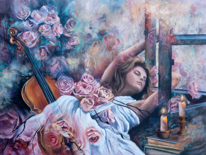 Original 'Sonata in Roses' painting by Tash Bardot. A serene woman with a violin, surrounded by messy, abstract pink roses and candlelight, offering a sense of visual relief.