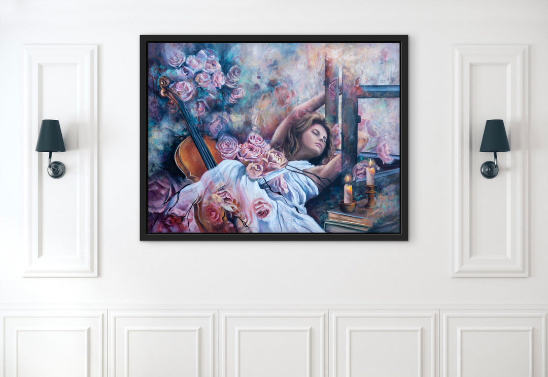'Sonata in Roses' wall art by Tash Bardot hung in a moody, quiet room setting. An expressive, colourful painting of a woman lost in music, offering visual relief and focus.