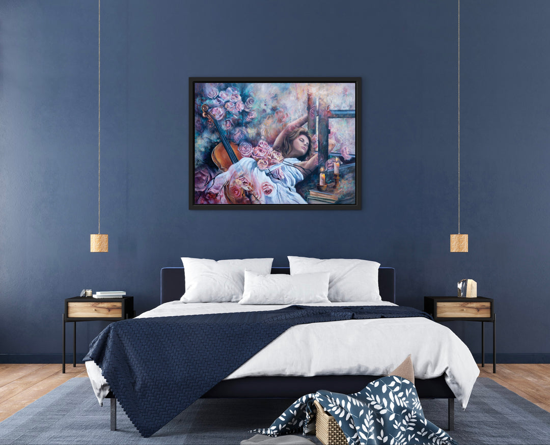 'Sonata in Roses' wall art by Tash Bardot hung in a moody, quiet room setting. An expressive, colourful painting of a woman lost in music, offering visual relief and focus.