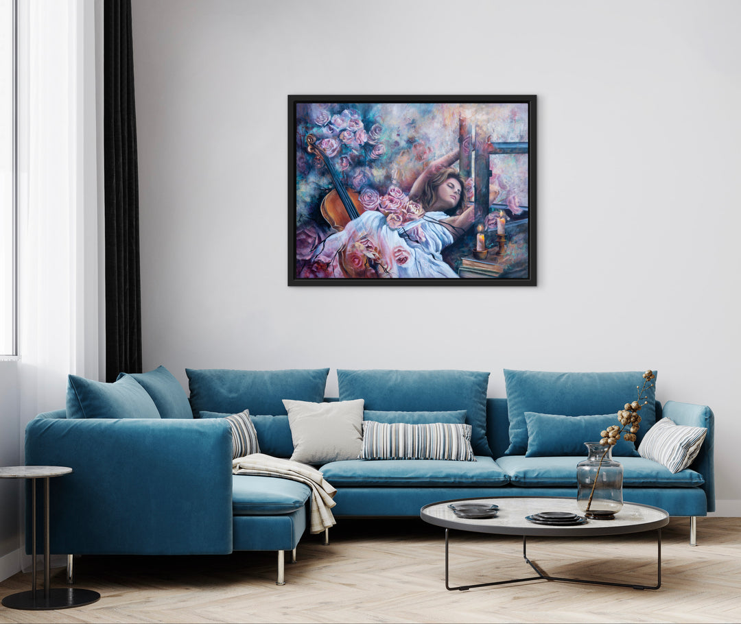 'Sonata in Roses' wall art by Tash Bardot hung in a moody, quiet room setting. An expressive, colourful painting of a woman lost in music, offering visual relief and focus.