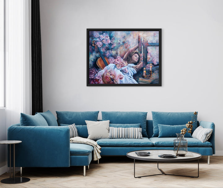 'Sonata in Roses' wall art by Tash Bardot hung in a moody, quiet room setting. An expressive, colourful painting of a woman lost in music, offering visual relief and focus.