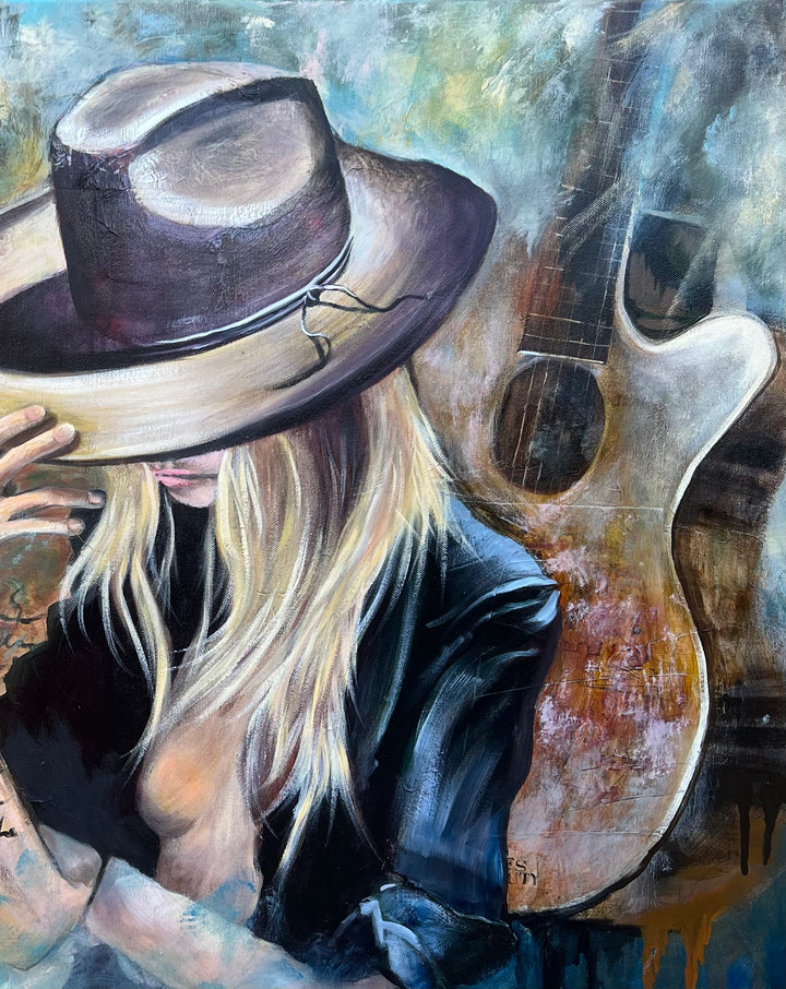 Close-up detail of 'Soundtrack of Escape' by Tash Bardot, highlighting the woman's face hidden by a wide-brimmed hat and the textured, moody brushstrokes.