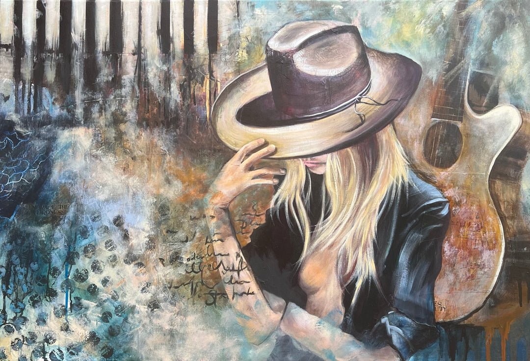 Tash Bardot's 'Soundtrack of Escape' painting. A woman tipping a brown hat over her eyes, surrounded by abstract piano keys, a guitar silhouette, and textured blue and amber brushwork.