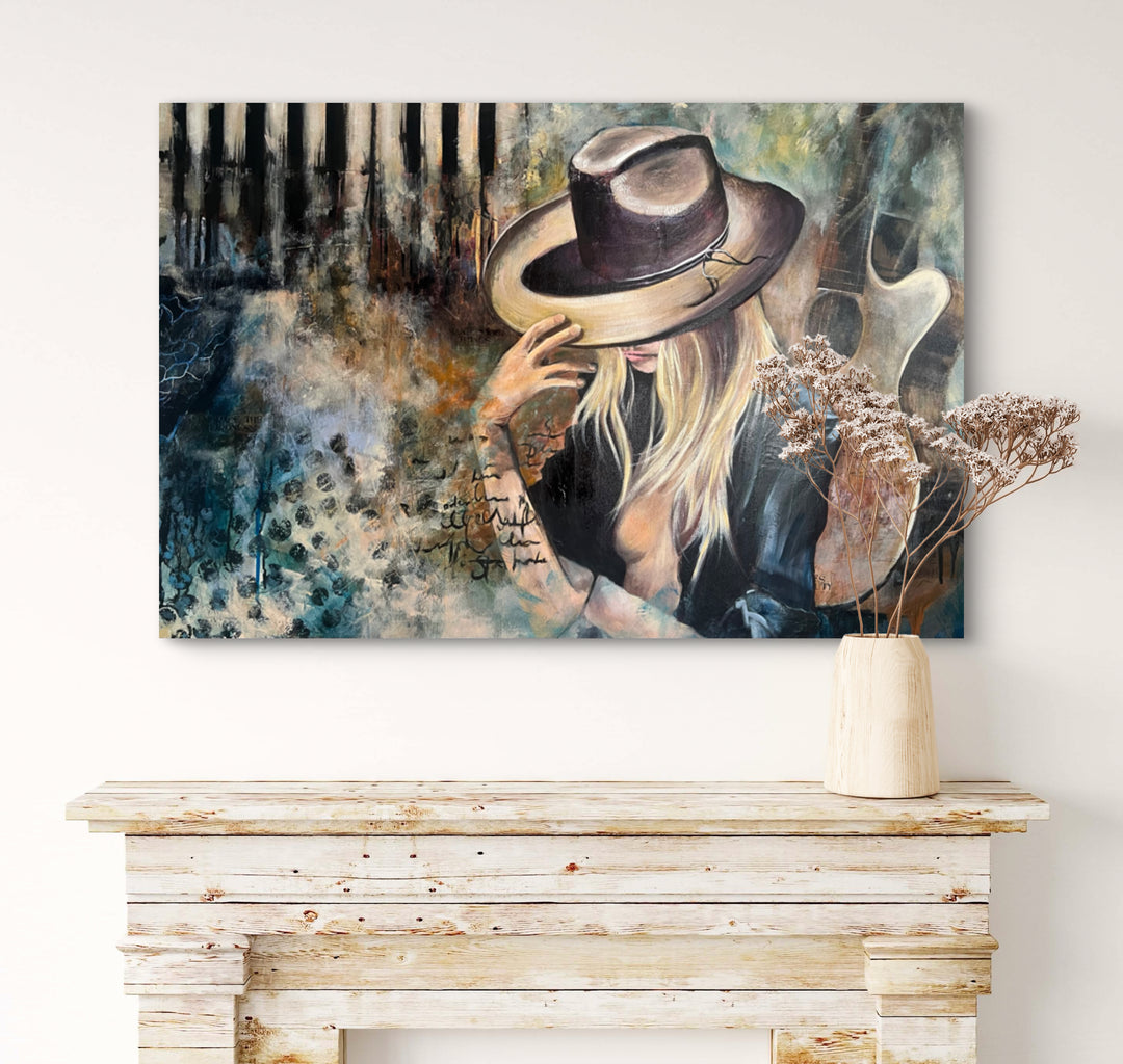Soulful music painting 'Soundtrack of Escape' by Tash Bardot displayed in a well lit studio or living space, acting as a quiet visual anchor.