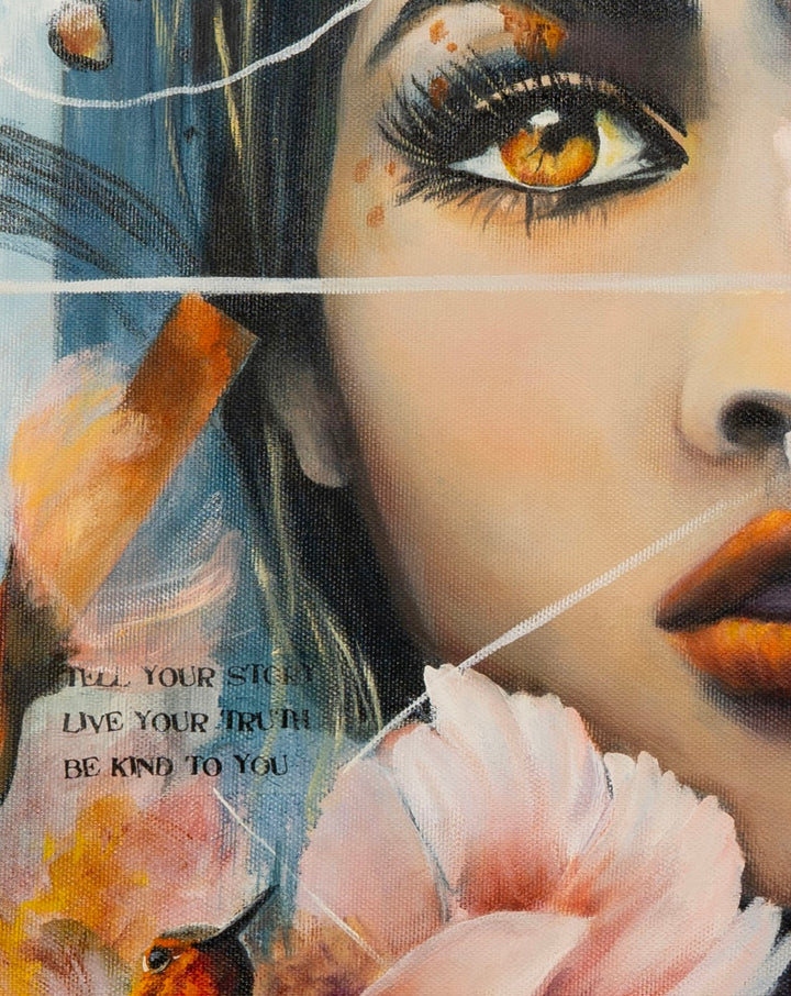 Close-up detail of 'Steady Fire' by Tash Bardot, highlighting the woman's determined, quiet resolve amidst raw, unedited brushstrokes and vibrant floral layers.