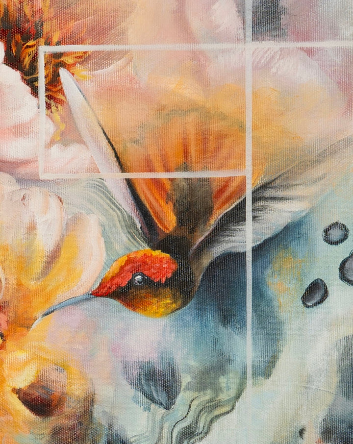 Detail shot of 'Steady Fire' by Tash Bardot, showing an energetic hummingbird and hidden affirmations layered over expressive blue and orange textures.