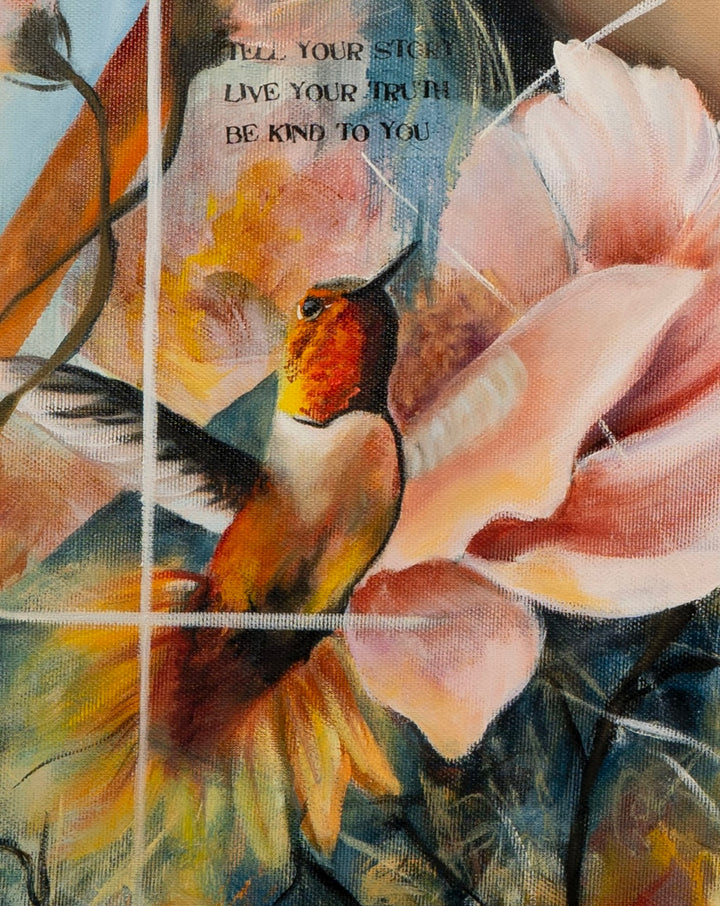 Detail shot of 'Steady Fire' by Tash Bardot, showing an energetic hummingbird and hidden affirmations layered over expressive blue and orange textures.