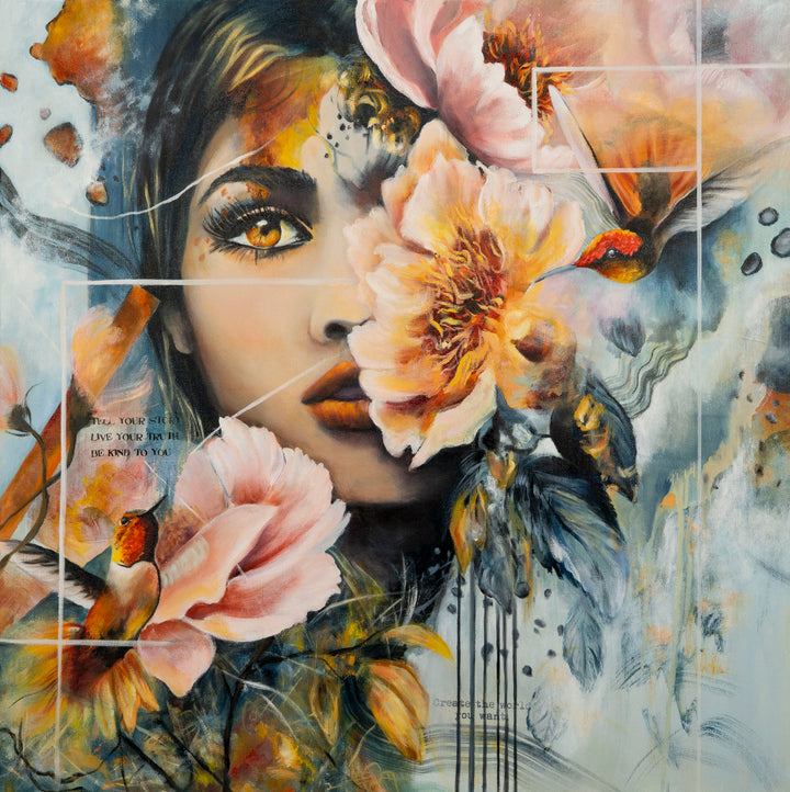 Tash Bardot's 'Steady Fire' painting. An expressive, mixed-media portrait of a woman with a focused gaze, surrounded by vibrant orange flowers, hummingbirds, and cool blue textured backgrounds.