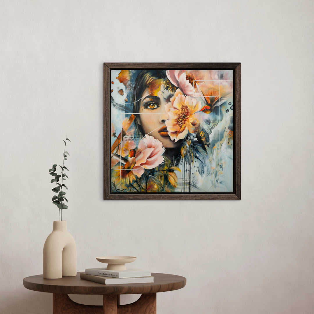 Expressive portrait wall art 'Steady Fire' by Tash Bardot displayed in a modern, calming space. A powerful, unpolished painting offering a visual sanctuary and a daily reminder of inner strength.