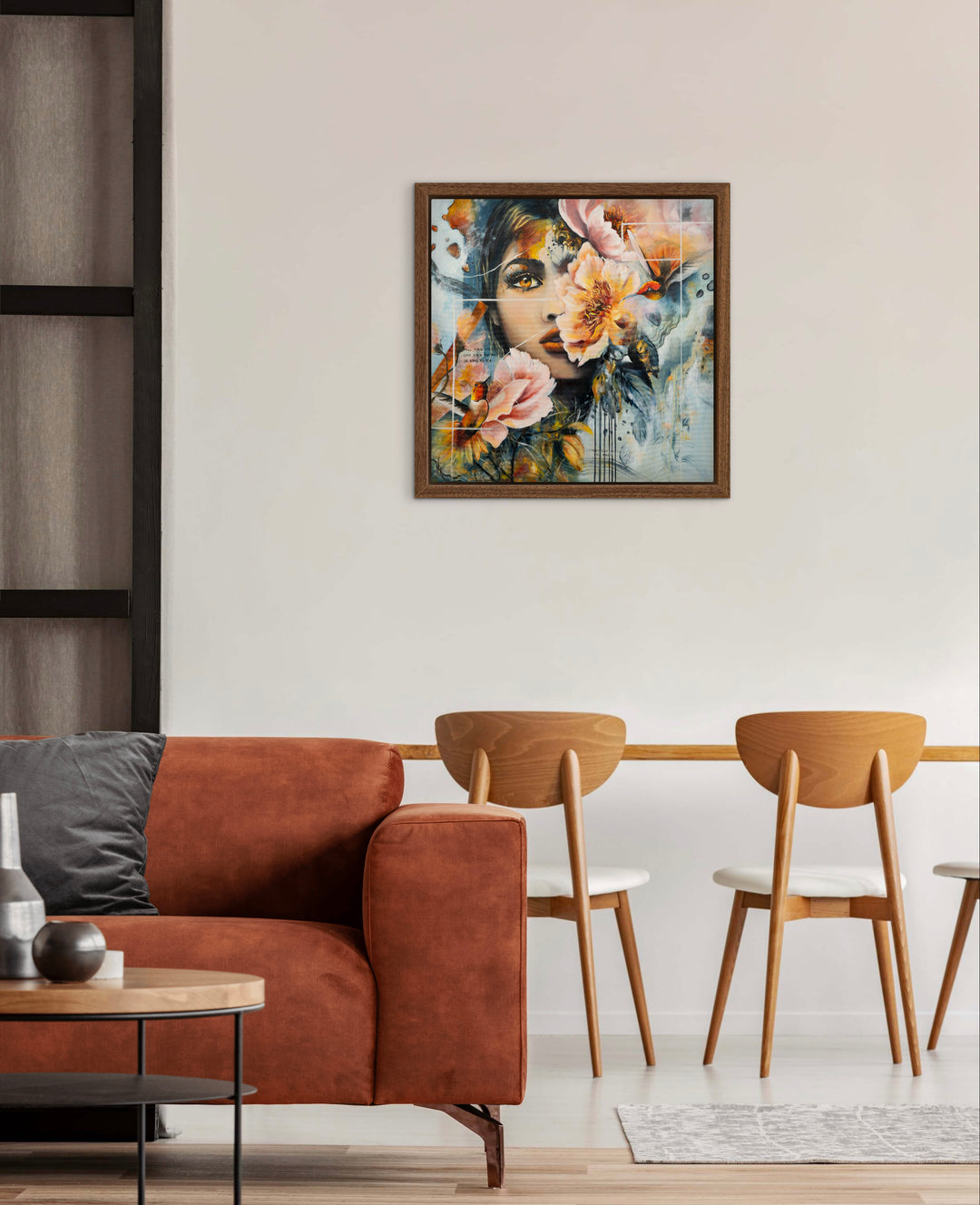 Expressive portrait wall art 'Steady Fire' by Tash Bardot displayed in a modern, calming space. A powerful, unpolished painting offering a visual sanctuary and a daily reminder of inner strength.