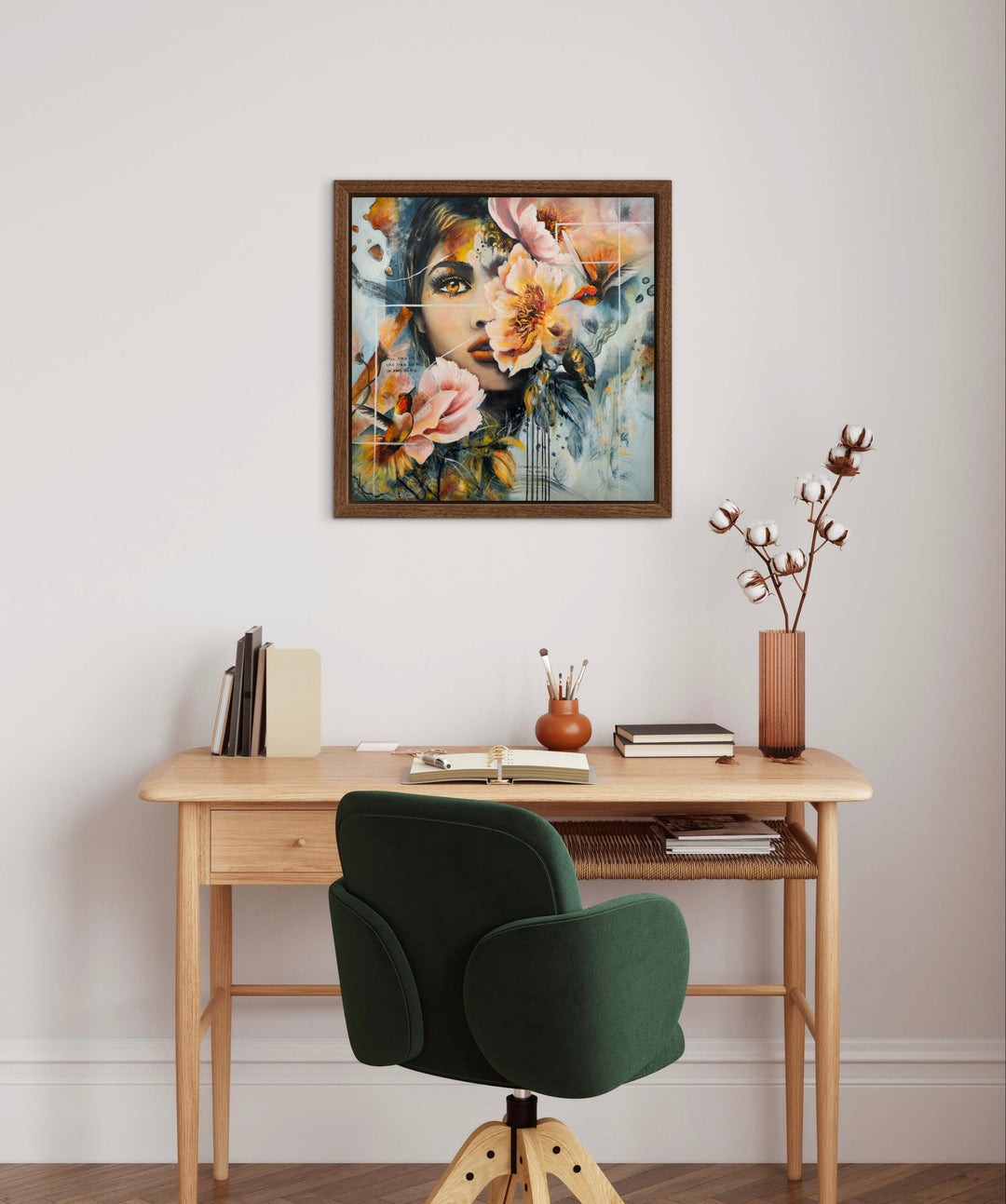 Expressive portrait wall art 'Steady Fire' by Tash Bardot displayed in a modern, calming space. A powerful, unpolished painting offering a visual sanctuary and a daily reminder of inner strength.