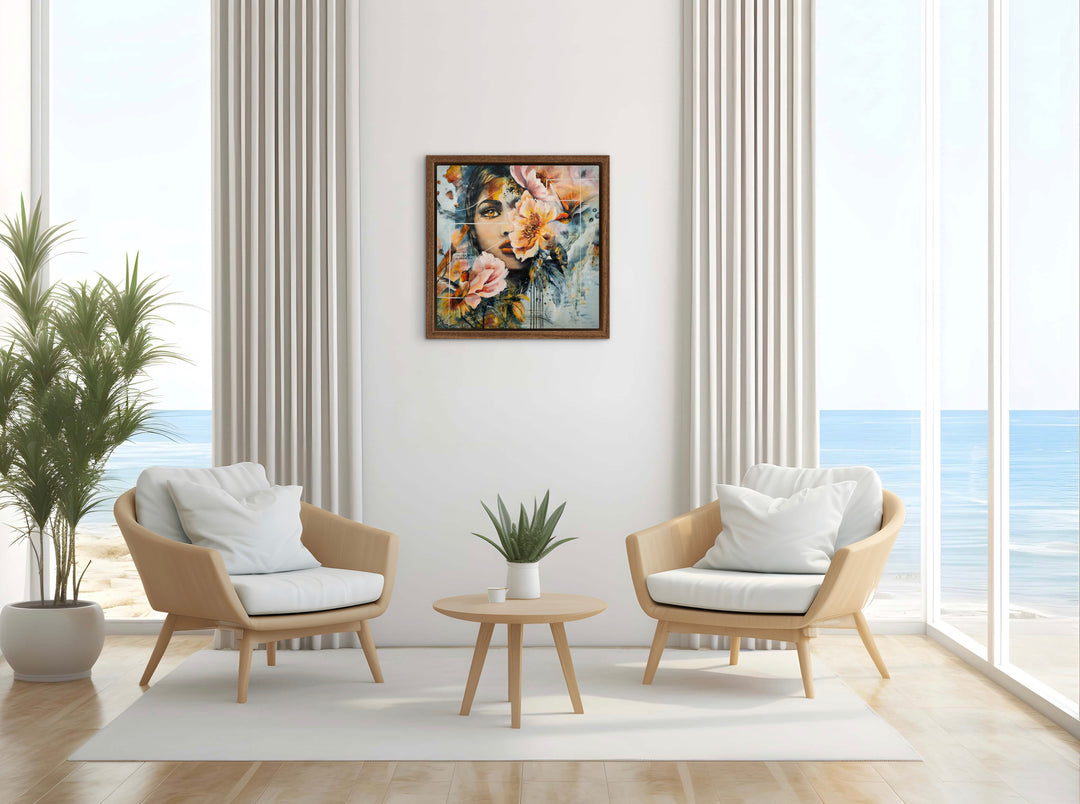 Expressive portrait wall art 'Steady Fire' by Tash Bardot displayed in a modern, calming space. A powerful, unpolished painting offering a visual sanctuary and a daily reminder of inner strength.