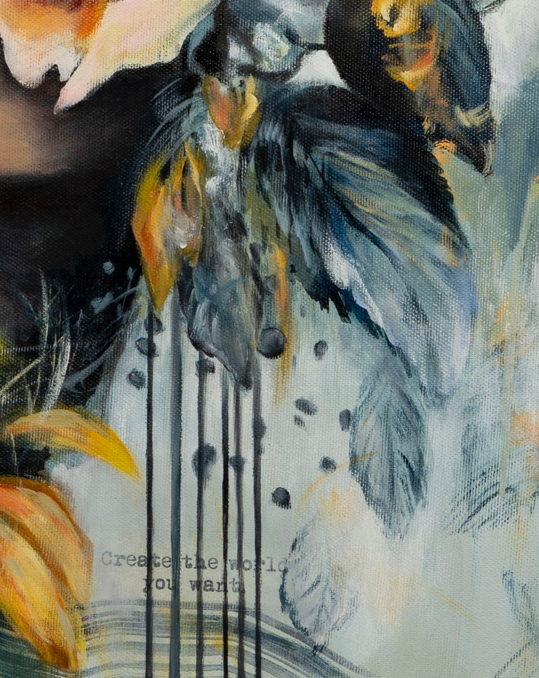 Detail shot of 'Steady Fire' by Tash Bardot, showing an dynamic abstract leaves with affirmations layered over expressive blue and orange textures.