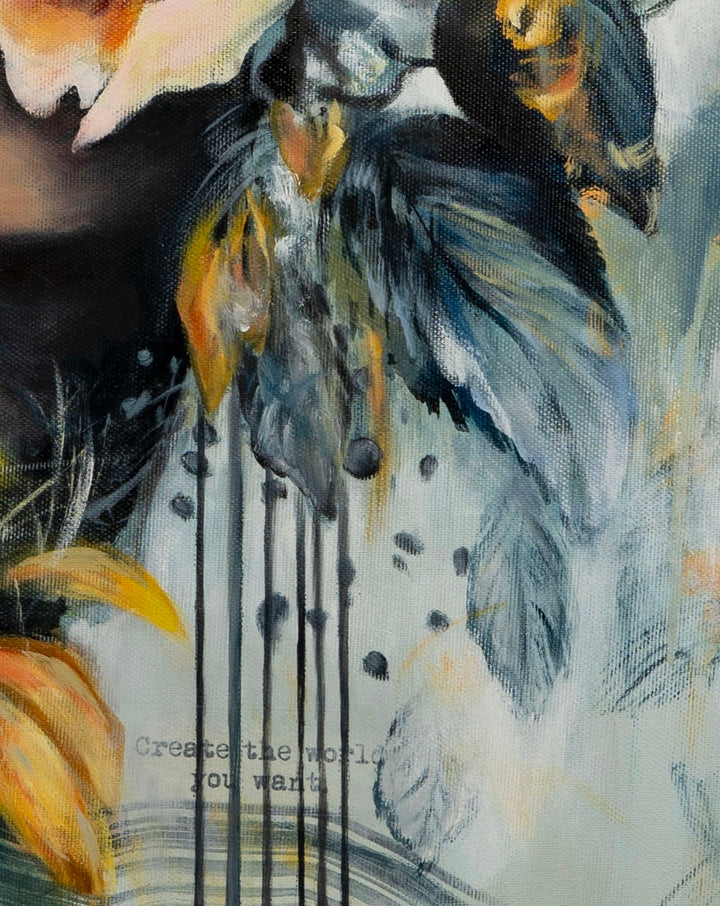 Detail shot of 'Steady Fire' by Tash Bardot, showing an dynamic abstract leaves with affirmations layered over expressive blue and orange textures.