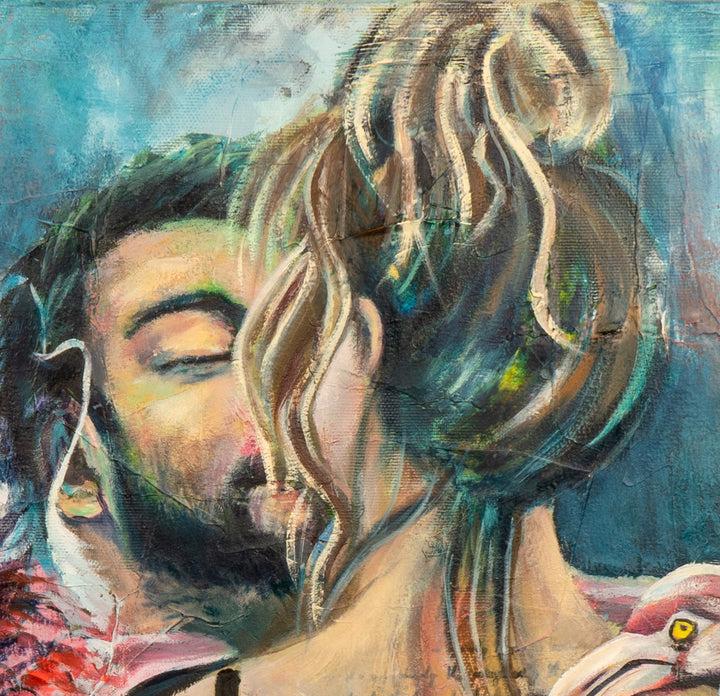 Close-up detail of 'Strength in Harmony' by Tash Bardot, highlighting the sanctuary and strength of a couple in a warm embrace. 