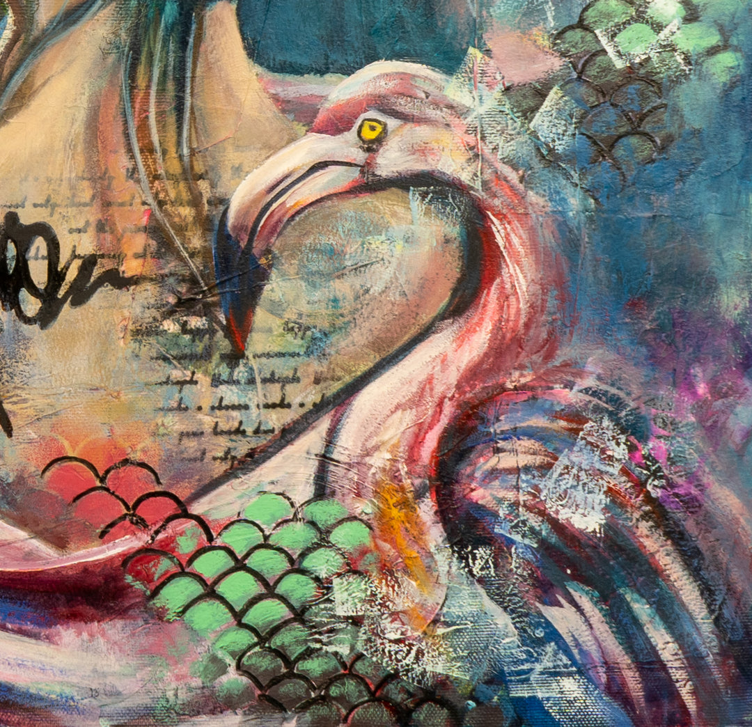 Detail shot of Tash Bardot's 'Strength in Harmony,' focusing on the graceful pink flamingo whose neck creates a heart-like, protective shape around the woman.