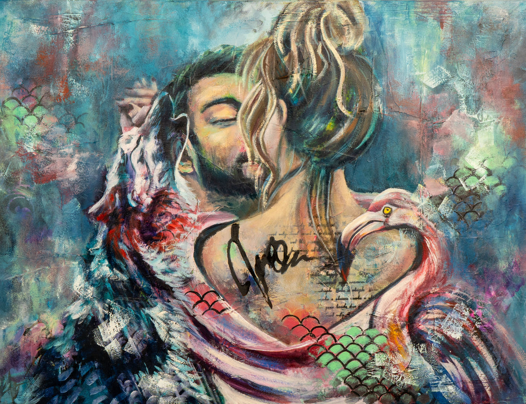 Tash Bardot's 'Strength in Harmony' painting. A serene couple in a close embrace, beautifully intertwined with the profile of a white wolf on the left and a gracefully curving pink flamingo on the right, set against a teal background.