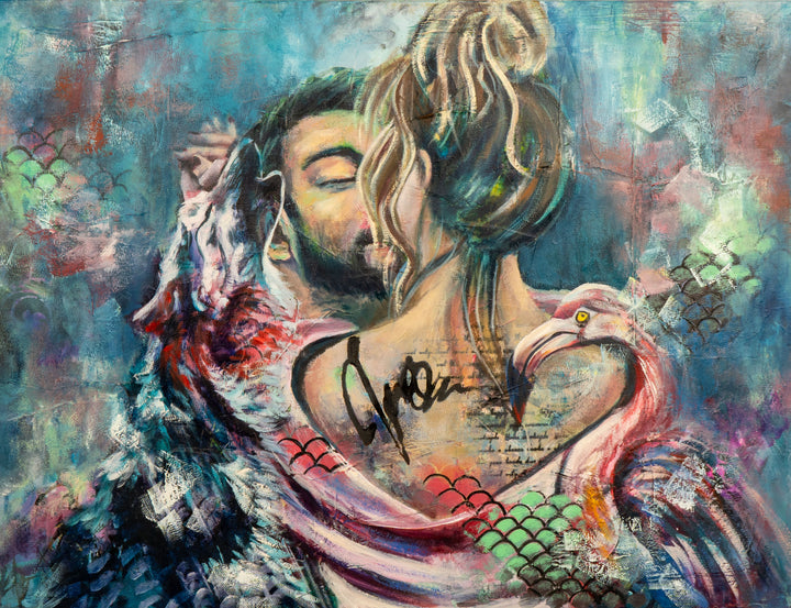 Tash Bardot's 'Strength in Harmony' painting. A serene couple in a close embrace, beautifully intertwined with the profile of a white wolf on the left and a gracefully curving pink flamingo on the right, set against a teal background.