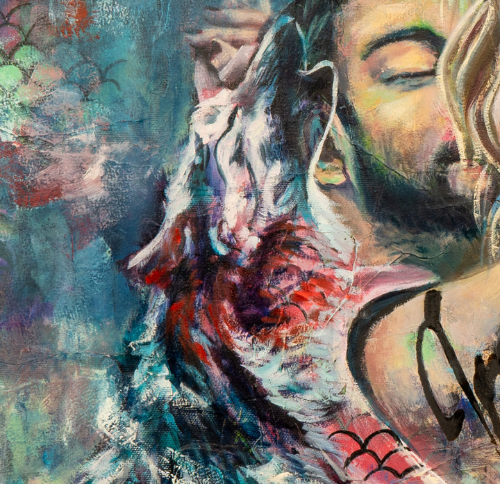 Close-up detail of 'Strength in Harmony' by Tash Bardot, highlighting the protective, quiet presence of the white wolf seamlessly blending into the man's profile.