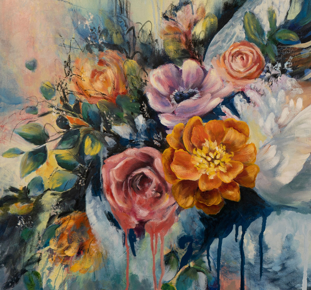 Close-up detail of 'Swan Song' by Tash Bardot, focusing on the dynamic, textured bouquet featuring a striking orange marigold, pink roses, and purple anemones, painted with fluid, intuitive brushstrokes.