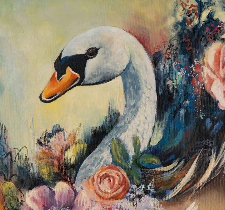 Close-up detail of 'Swan Song' by Tash Bardot, highlighting the elegant white swan and the dynamic, textured brushstrokes of the bright orange and pink florals.