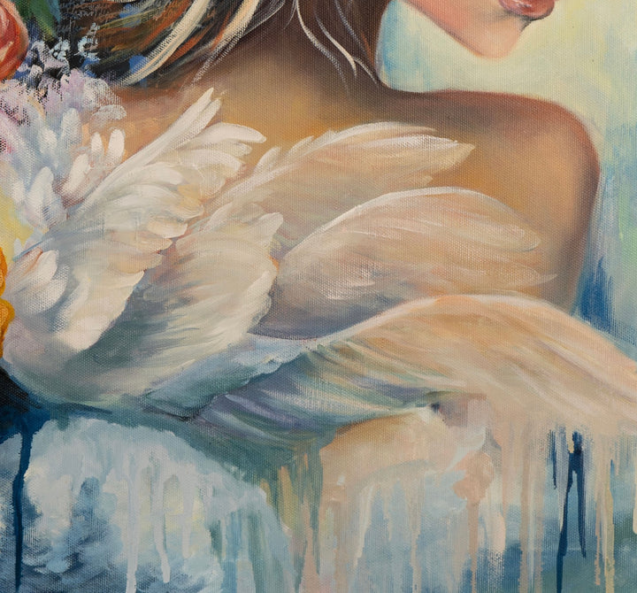 Close-up detail of 'Swan Song' by Tash Bardot, highlighting the graceful white swan wings seamlessly integrating into the woman's back.