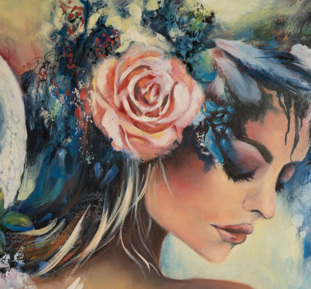 Close-up detail of 'Swan Song' by Tash Bardot, focusing on the woman's serene profile and closed eyes. Highlighting the soft, expressive features and the delicate pink rose tucked into her hair.