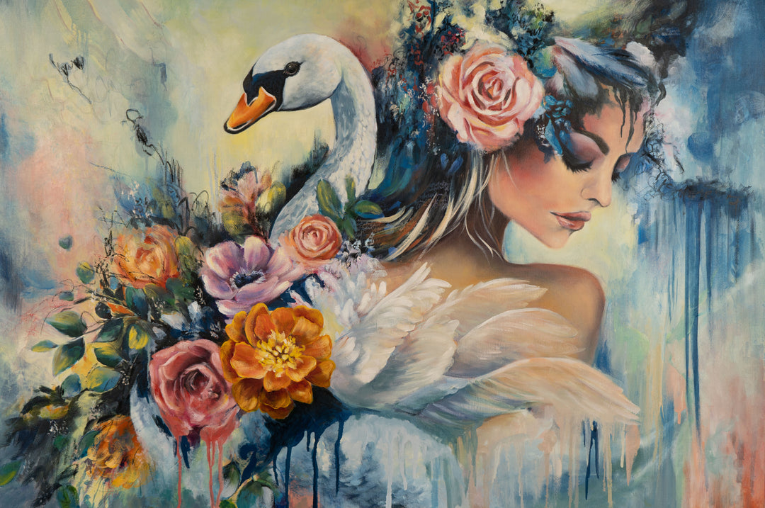 Tash Bardot's 'Swan Song' painting. An expressive portrait of a serene woman with closed eyes and a graceful white swan, anchored by a vibrant bouquet of orange, pink, and peach flowers against a textured, deep blue background.