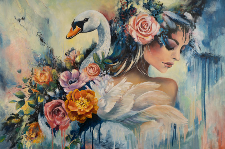 Tash Bardot's 'Swan Song' painting. An expressive portrait of a serene woman with closed eyes and a graceful white swan, anchored by a vibrant bouquet of orange, pink, and peach flowers against a textured, deep blue background.