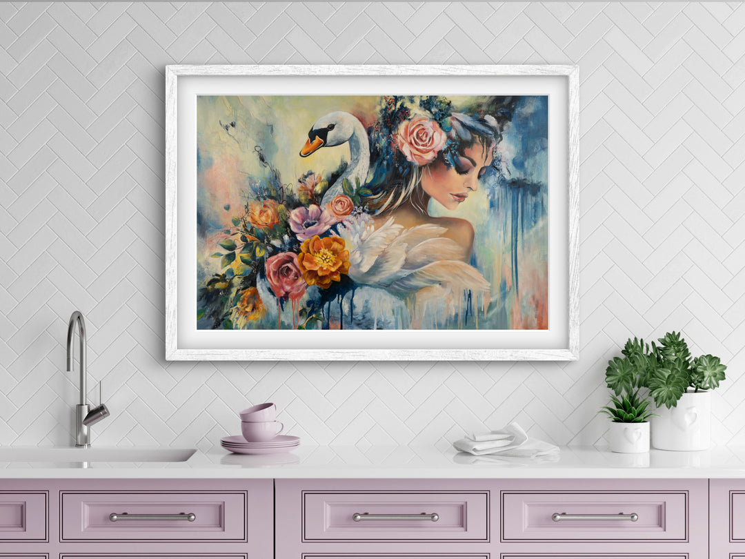 Expressive portrait wall art 'Swan Song' by Tash Bardot displayed in a calming room interior. A dynamic, elegant fine art print offering visual relief and a private sanctuary of quiet strength.