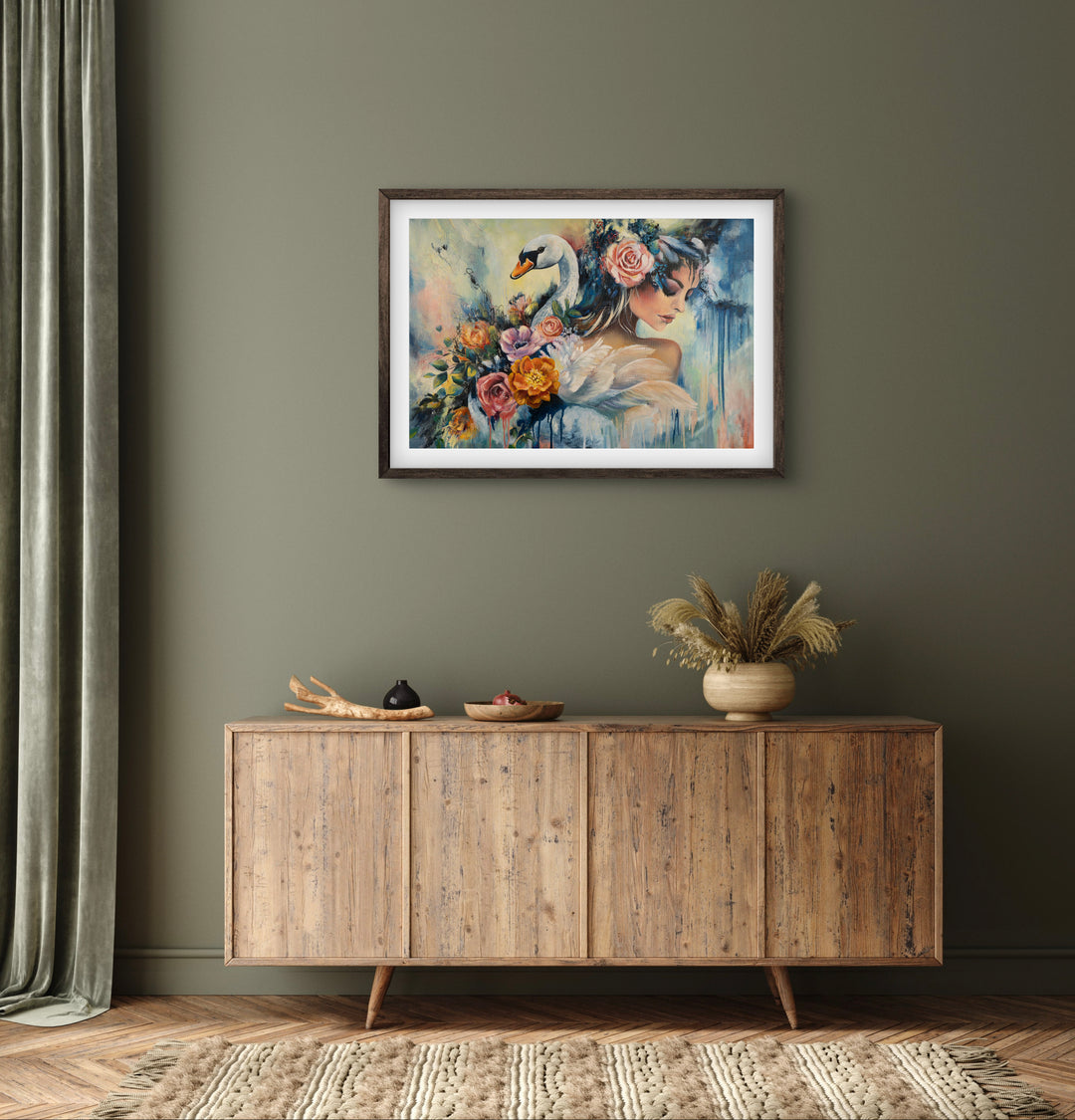 Expressive portrait wall art 'Swan Song' by Tash Bardot displayed in an earthy living room interior. A dynamic, elegant fine art print offering visual relief and a private sanctuary of quiet strength.
