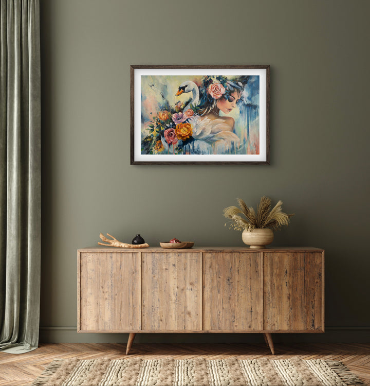 Expressive portrait wall art 'Swan Song' by Tash Bardot displayed in an earthy living room interior. A dynamic, elegant fine art print offering visual relief and a private sanctuary of quiet strength.