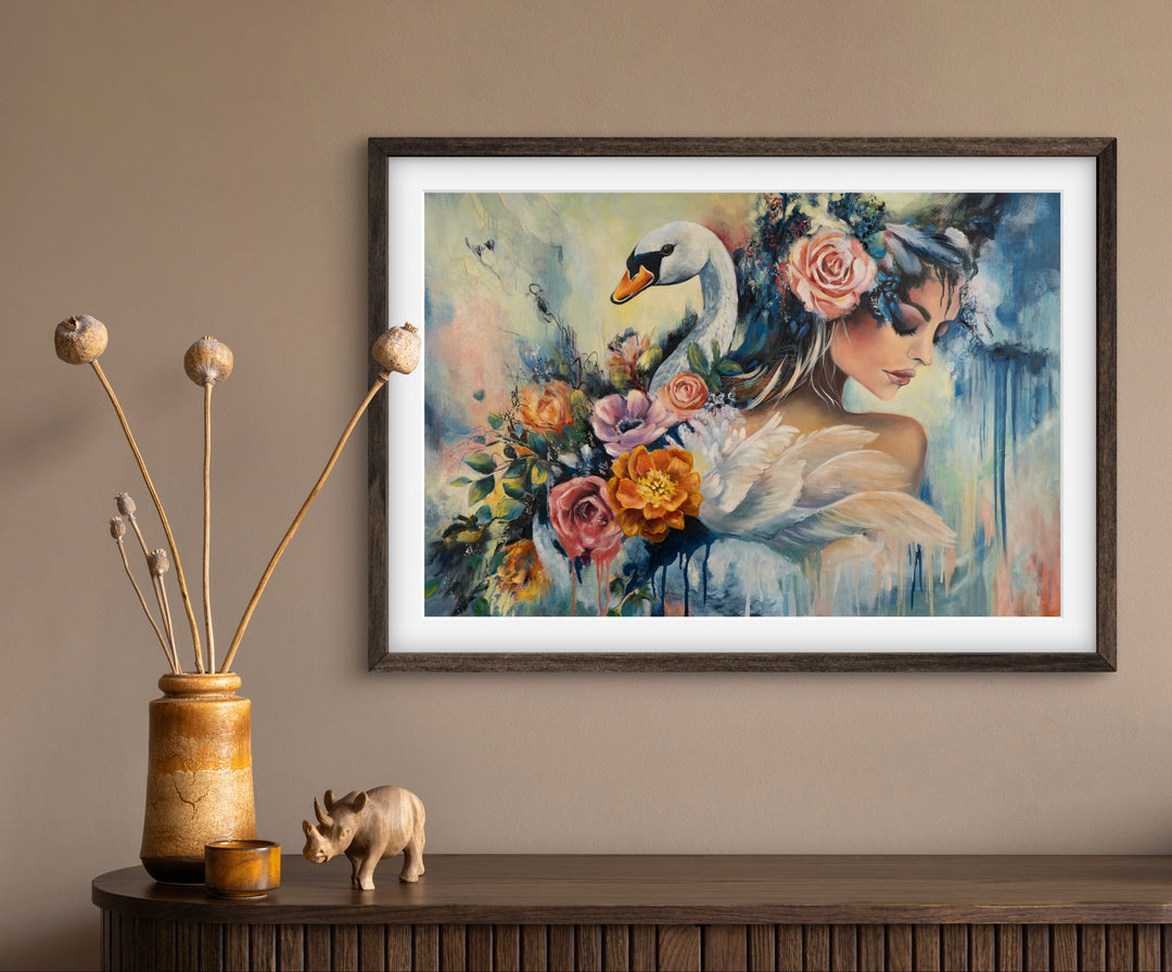 Expressive portrait wall art 'Swan Song' by Tash Bardot displayed in an earthy living room interior. A dynamic, elegant fine art print offering visual relief and a private sanctuary of quiet strength.