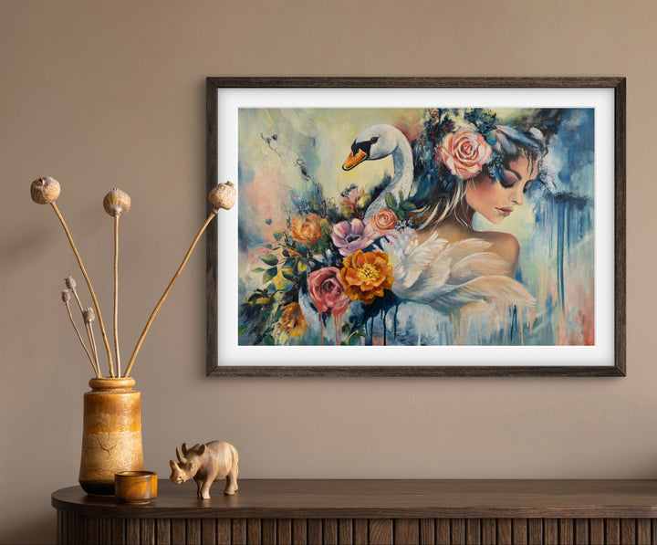 Expressive portrait wall art 'Swan Song' by Tash Bardot displayed in an earthy living room interior. A dynamic, elegant fine art print offering visual relief and a private sanctuary of quiet strength.
