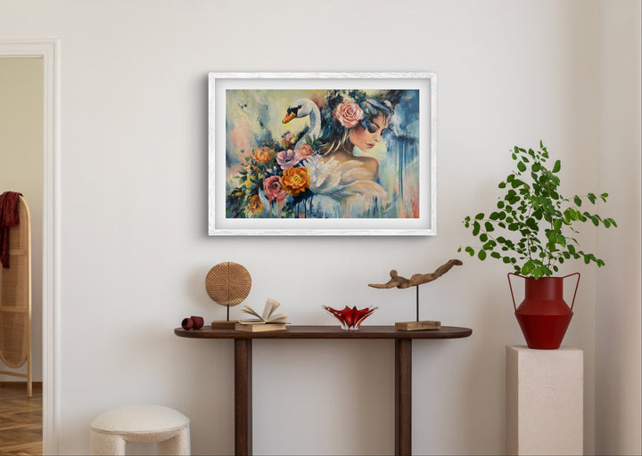 Expressive portrait wall art 'Swan Song' by Tash Bardot displayed in a contemporary living room interior. A dynamic, elegant fine art print offering visual relief and a private sanctuary of quiet strength.