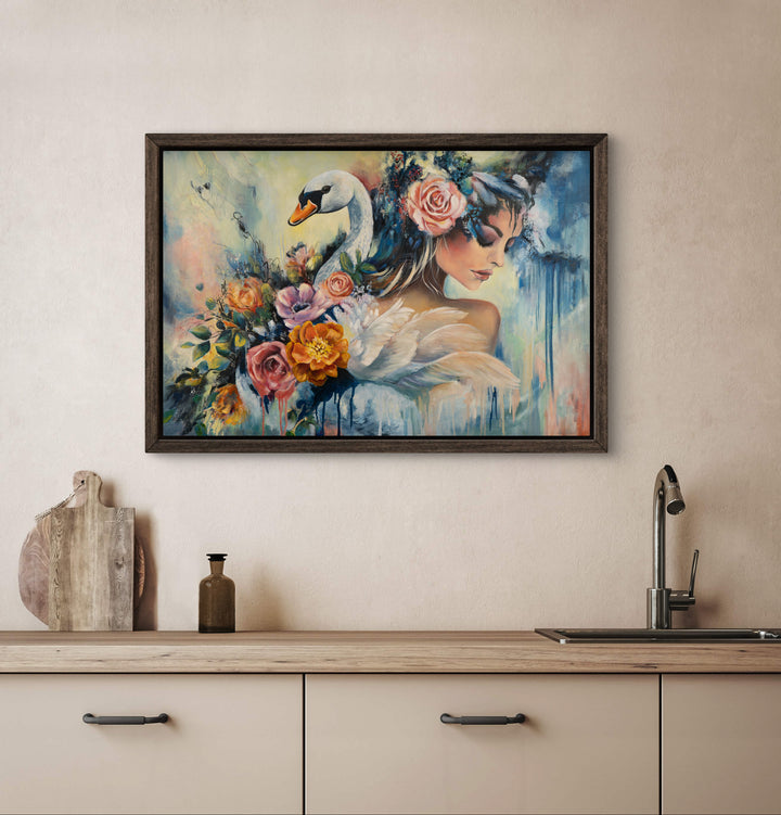 Expressive portrait wall art 'Swan Song' by Tash Bardot displayed in a calming room interior. A dynamic, elegant painting offering visual relief and a private sanctuary of quiet strength.