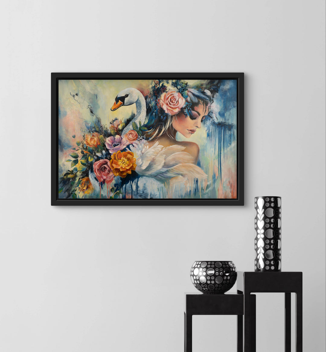 Expressive portrait wall art 'Swan Song' by Tash Bardot displayed in a calming room interior. A dynamic, elegant painting offering visual relief and a private sanctuary of quiet strength.